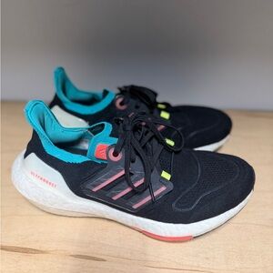 adidas Kids Black Sneakers with Turquoise and Coral Accents